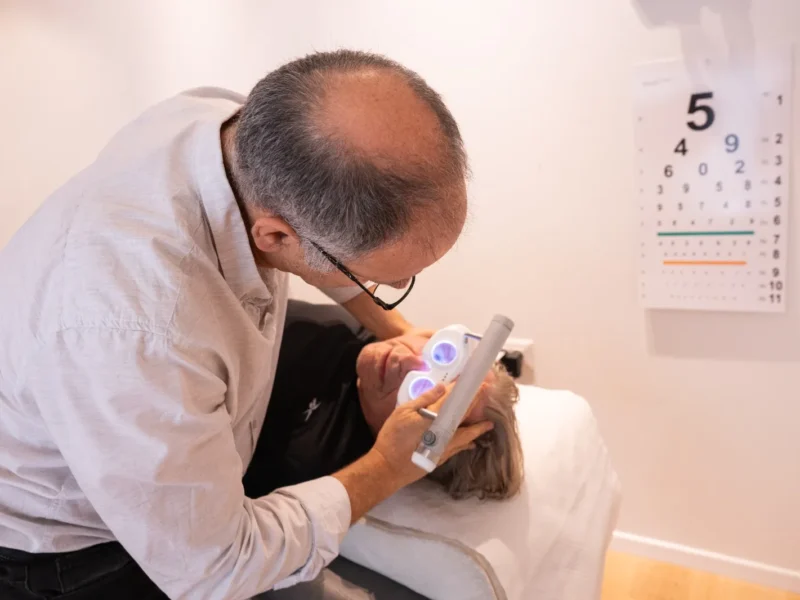 Vyšetrenie nystagmu Frenzelovými okuliarmi v ľahu — lektor Dr. Oz Zur hodnotí pohyby očí pri diagnostike závratov.